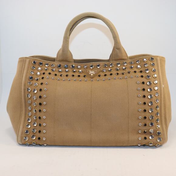 Prada Bijou Rhinestone Canapa Tote Tobacco Studded Canvas Bag w/ Strap+ Dust Bag - Picture 1 of 13